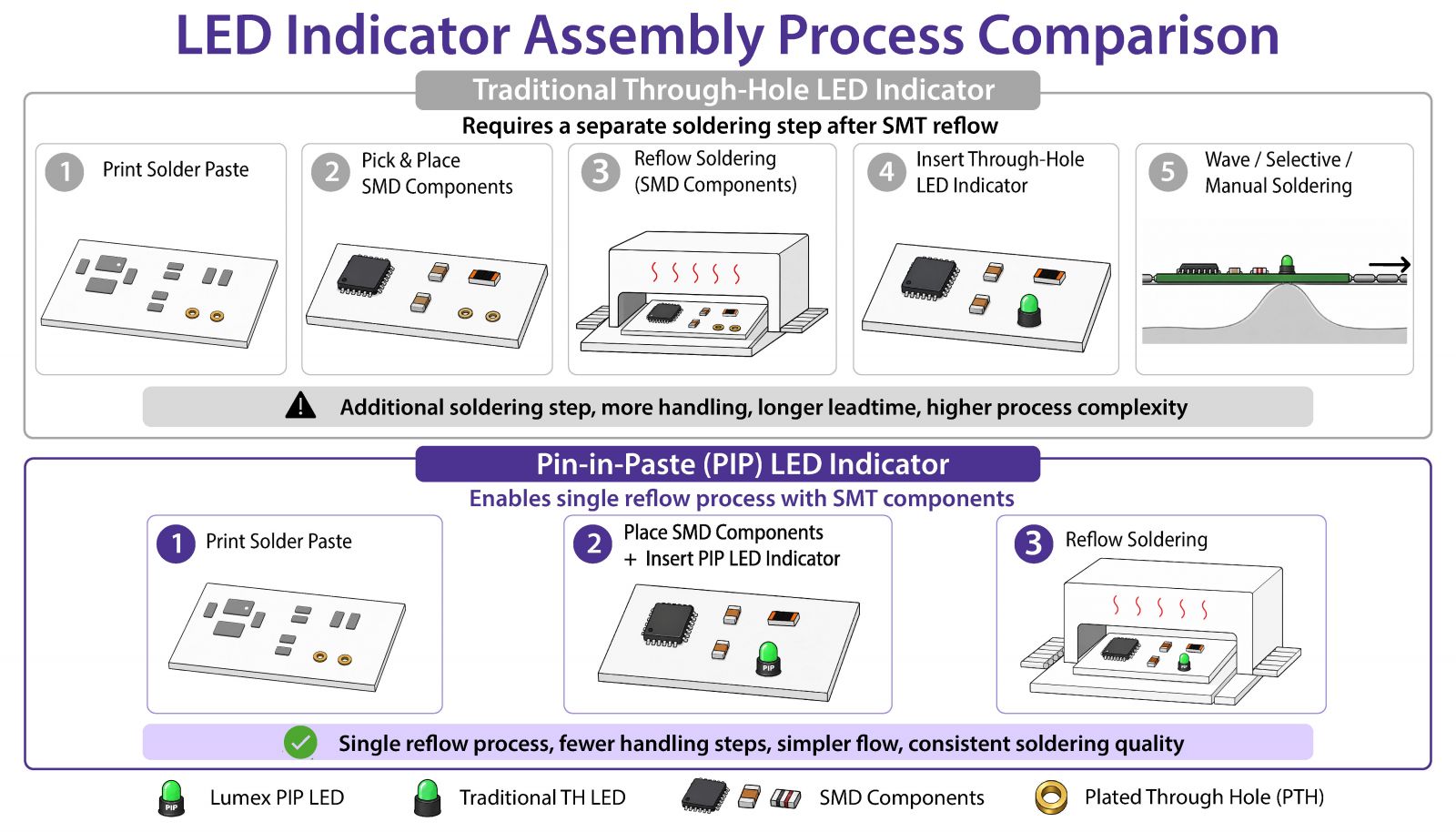 LED indicator assembly process comparison between traditional through-hole soldering and Pin-in-Paste reflow assembly